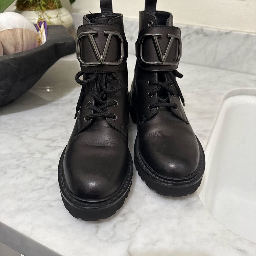Valentino Garavani Black Combat Boots with ruthenium Logo
